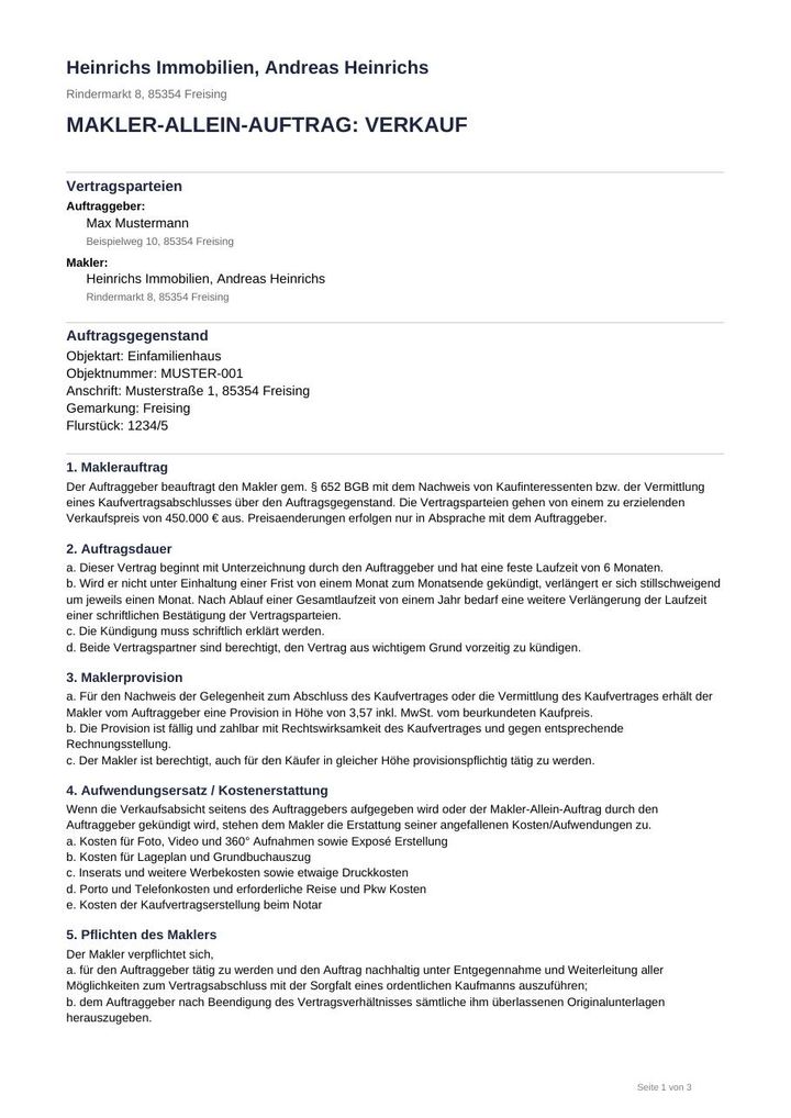 Vorschau des Mustervertrags Makler-Allein-Auftrag (Seite 1 von 3)