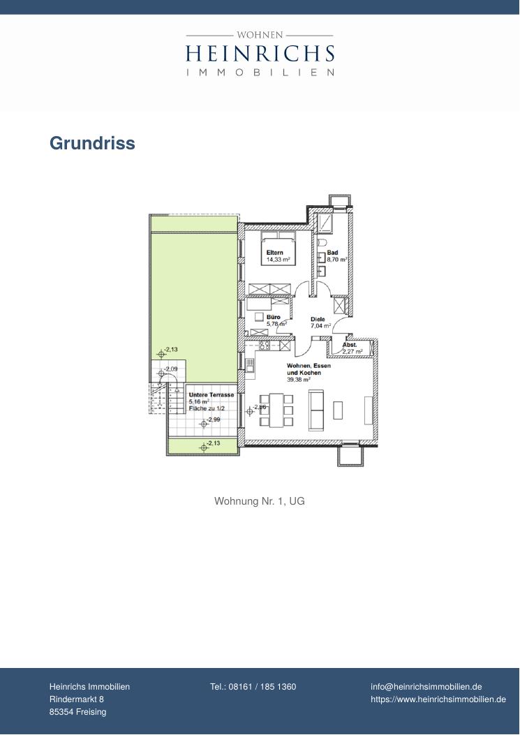 Grundriss Wohnung 1 im Untergeschoss: 3 Zimmer, ca. 82,7 m², Souterrain mit Tageslicht und Westterrasse