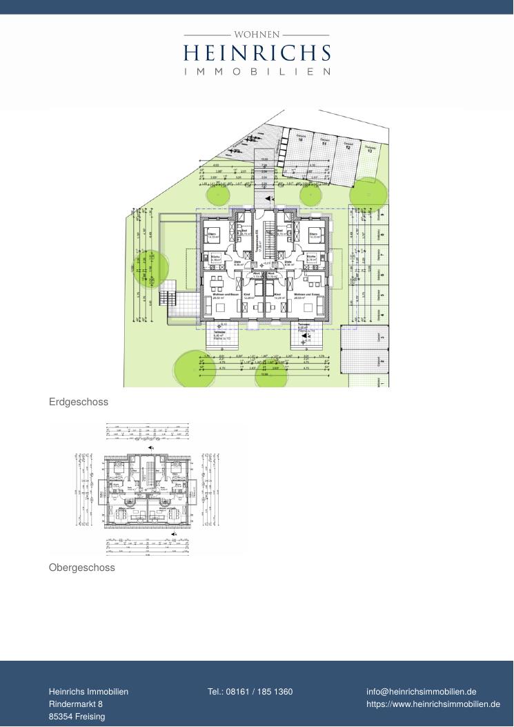 Lageplan mit Grundrissen von Erd- und Obergeschoss: Garten, Terrassen und Stellplätze des Mehrfamilienhauses Nandlstadt