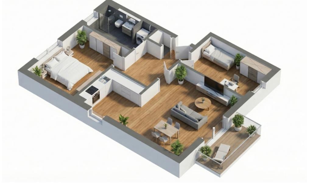3D-Grundriss der 3-Zimmer-Wohnung im Obergeschoss mit Südwest-Balkon