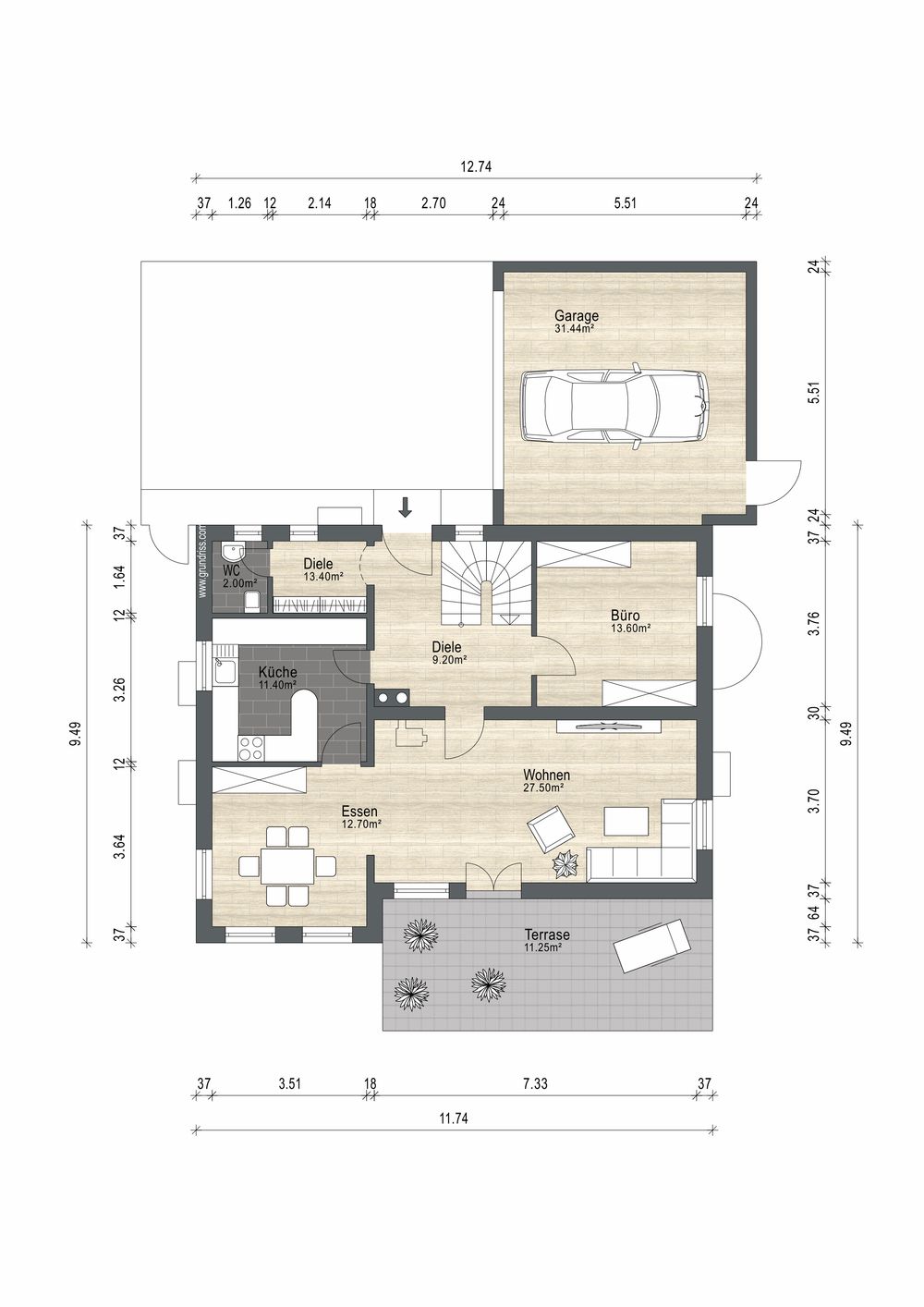 Aufbereiteter 2D-Grundriss eines Erdgeschosses mit Flächenangaben